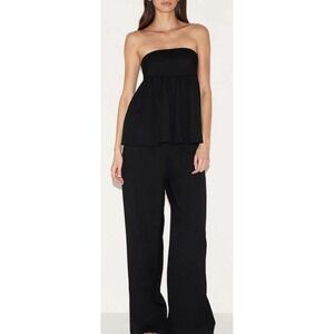 Pretty Little Things BLACK BANDEAU PEPLUM DETAIL JUMPSUIT Size 6 Wide Leg Ruffle